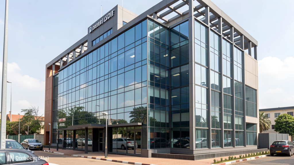 A modern office building with glass windows, daylight