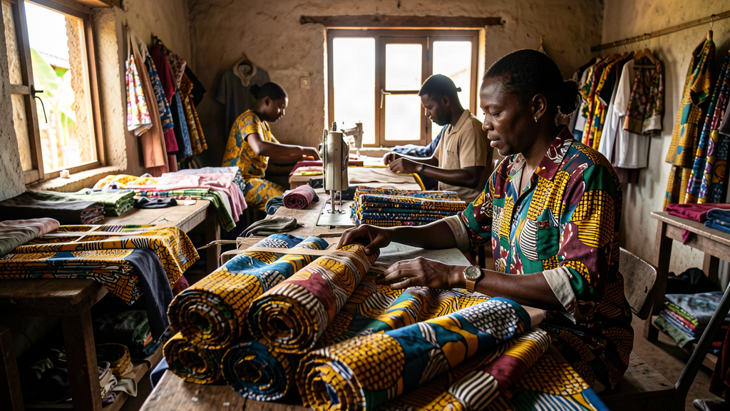 Tailor's workshop with bolts of West African print fabric