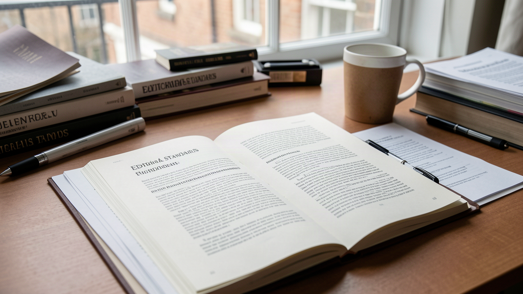 A desk with a notebook and a printed document
