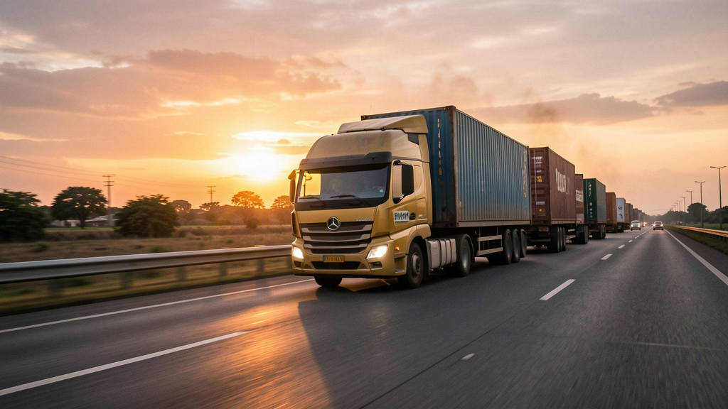 A truck on a highway at sunset, containers visible