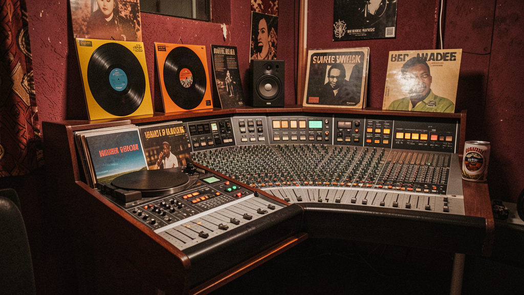 Vinyl records and a mixing console in maroon ambient light